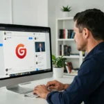 Homme consultant un réseau social sur un ordinateur de bureau dans un bureau moderne, illustrant l'utilisation de Google Plus