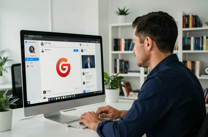Homme consultant un réseau social sur un ordinateur de bureau dans un bureau moderne, illustrant l'utilisation de Google Plus