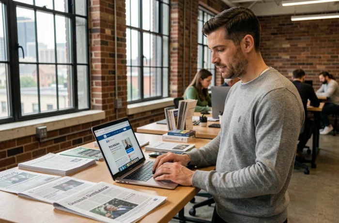 Homme consultant un site de diffusion de presse sur un ordinateur portable dans un espace de coworking avec des publications imprimées