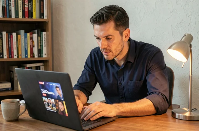 Homme naviguant sur un service de streaming depuis son bureau à domicile avec un ordinateur portable