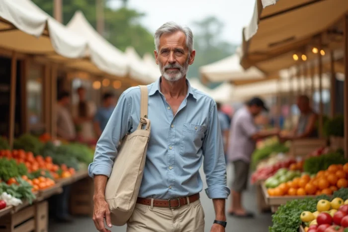 Homme en chemise bleu clair et pantalon beige en lin au marché estival, illustration de vêtements anti-UV légers et élégants pour l'été