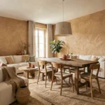 Vue grand angle d'un intérieur français contemporain mêlant textures naturelles, tons ocre et vert mousse, mobilier en bois brut et accessoires en terre cuite pour une déco tendance cohérente