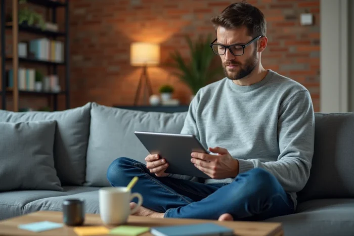 Un homme travaille sur les indicateurs de performance SEO depuis son bureau à domicile avec une tablette