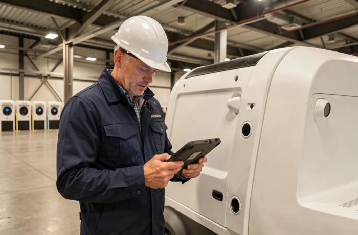 Ingénieur en logistique inspectant un véhicule de livraison autonome électrique dans un entrepôt urbain moderne