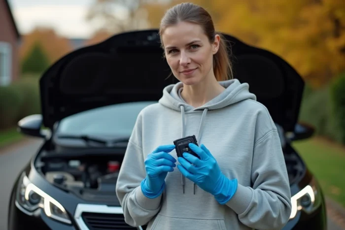 Femme inspectant un nouveau feu diurne LED pour Peugeot 308 dans une allée résidentielle