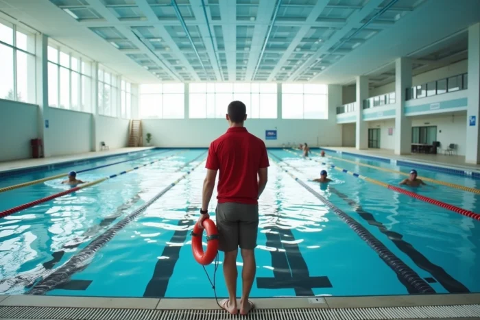Intérieur de la piscine Jules Verne à Nantes avec couloirs de nage et maître-nageur en surveillance
