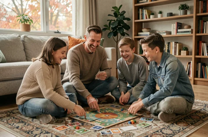 Père et enfants adolescents jouant à un jeu de société dans un salon confortable, partageant un moment de complicité familiale pendant le week-end