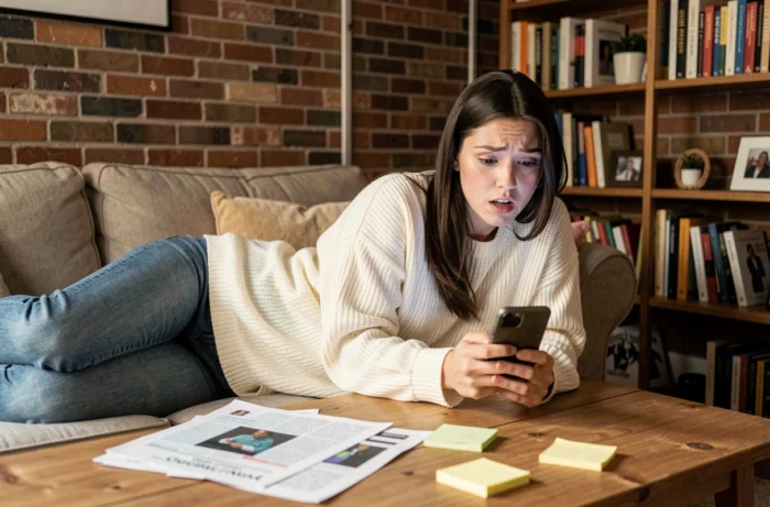 Jeune femme parcourant les actualités insolites sur son smartphone chez elle, dans un salon cosy et chaleureux