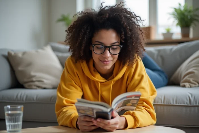 Jeune femme parcourant des magazines numériques gratuits sur smartphone depuis son canapé à la maison