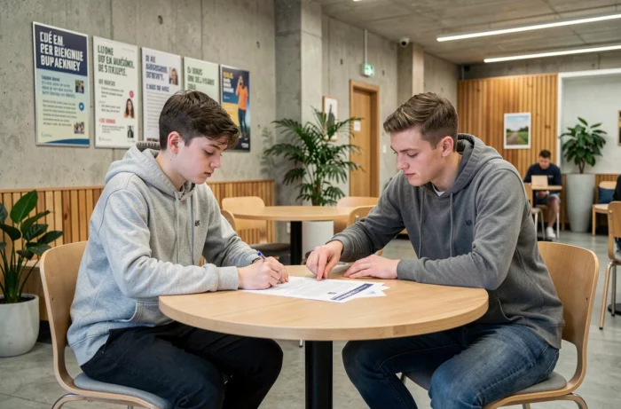 Adolescent accompagné par un travailleur social dans un centre pour jeunes au Luxembourg