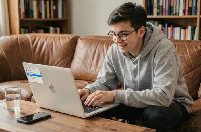 Jeune homme en sweat gris utilisant la fonction Inspecter l'élément du navigateur pour afficher le code HTML d'un site web
