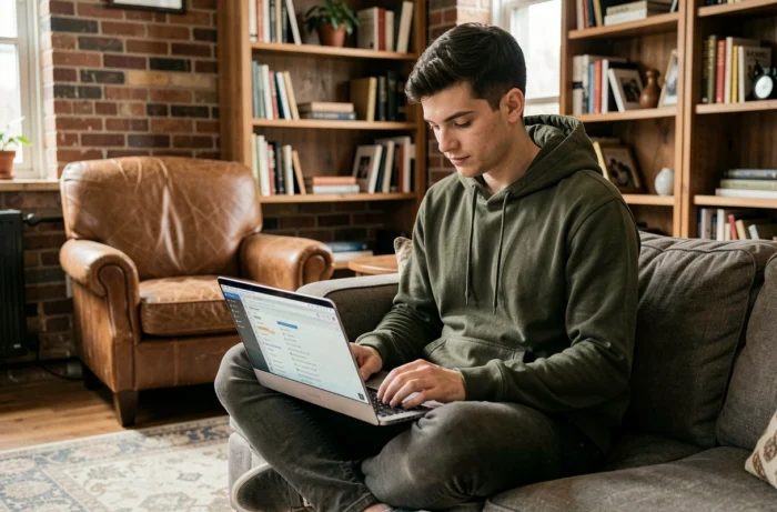 Jeune professionnel consultant un plan de site sur ordinateur portable dans un bureau à domicile