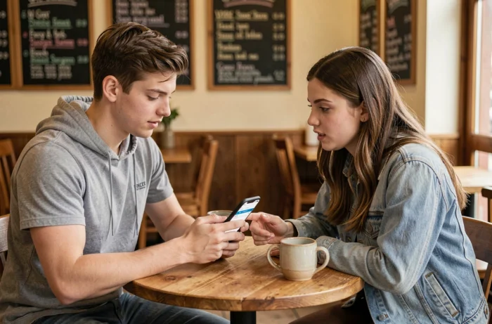 Deux jeunes personnes s'entraînant ensemble au quiz du code de la route sur smartphone dans un café