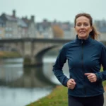 Femme qui fait du jogging le long des bords de l'Odet à Quimper avec l'architecture bretonne en arrière-plan
