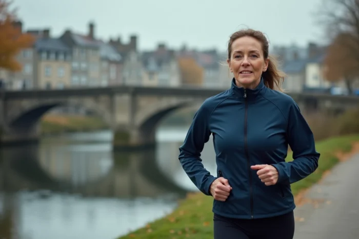 Femme qui fait du jogging le long des bords de l'Odet à Quimper avec l'architecture bretonne en arrière-plan