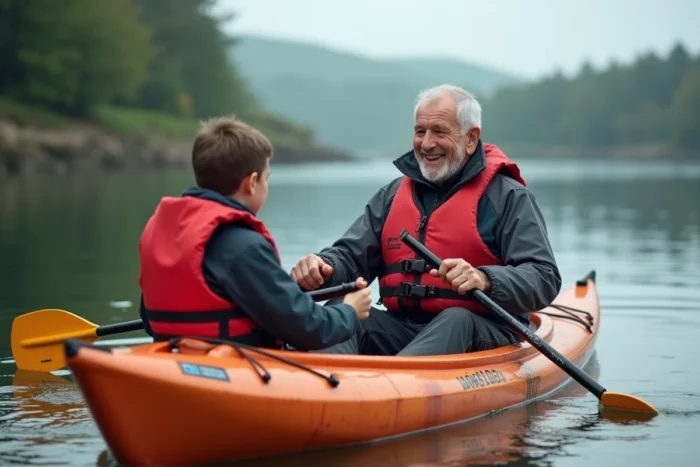 Grand-père et petit-fils faisant du kayak ensemble sur les eaux calmes près de Quimper en Bretagne