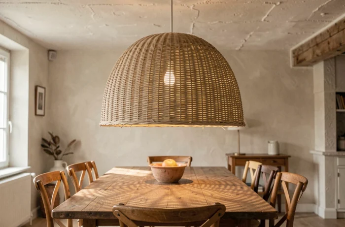 Luminaire suspendu en lin épais au-dessus d'une table à manger, tissu en fibres naturelles tissées filtrant la lumière, plafond en plâtre brut et chaises en bois visibles en arrière-plan