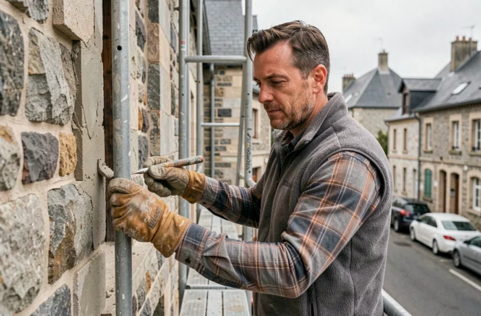 Maçon qualifié appliquant du mortier sur la façade en pierre d'un bâtiment traditionnel breton à Rennes