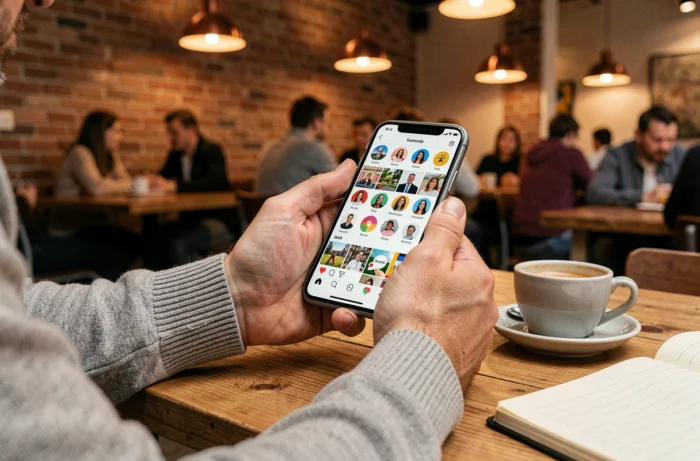 Mains tenant un smartphone affichant un réseau social dans un café urbain, évoquant l'histoire de Google Plus