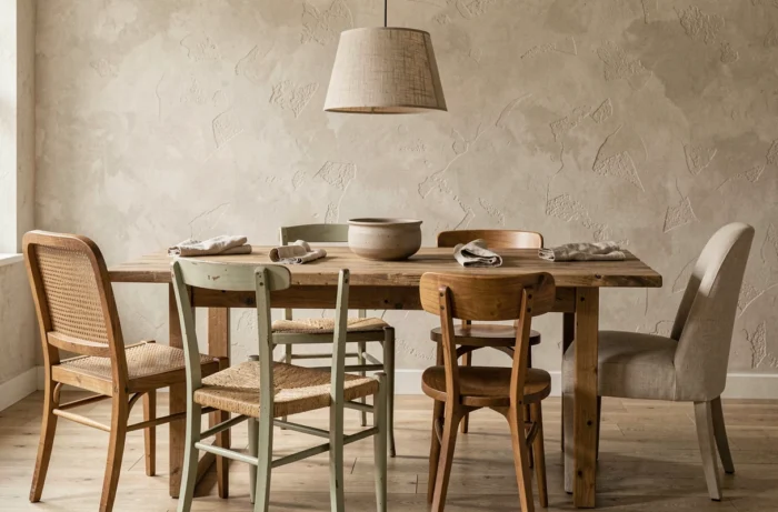 Mélange de chaises dépareillées autour d'une table en bois brut dans une salle à manger, chaise en rotin, chaise peinte, chaise mi-siècle et fauteuil en lin harmonisés en tons naturels chauds