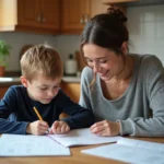 Une mère aidant son fils à faire ses devoirs à la table de la cuisine, illustration du soutien parental à la réussite scolaire