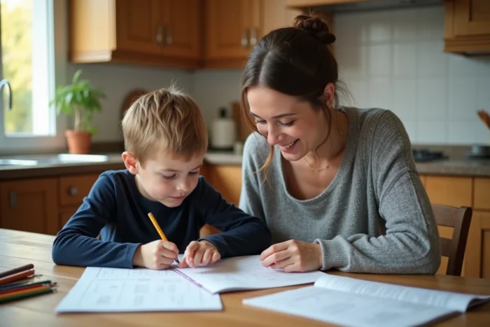 Une mère aidant son fils à faire ses devoirs à la table de la cuisine, illustration du soutien parental à la réussite scolaire