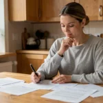 Mère de famille consultant des ressources pratiques pour parents à une table de cuisine en bois