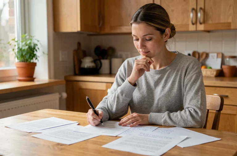 Mère de famille consultant des ressources pratiques pour parents à une table de cuisine en bois