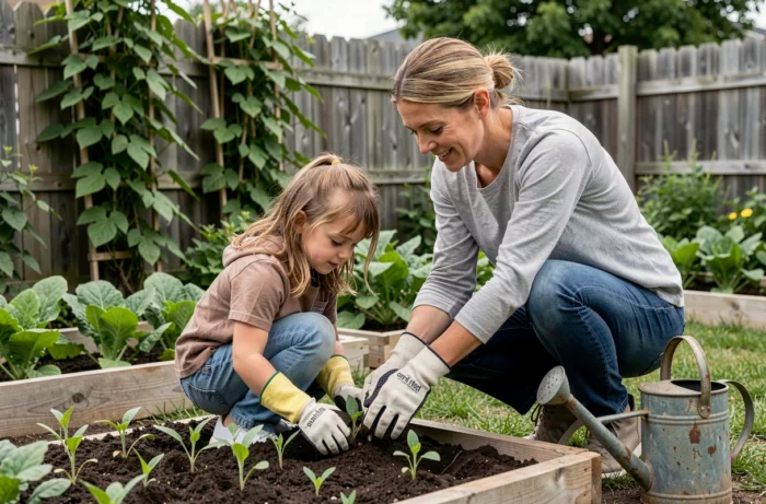 Mère et fille jardinent ensemble dans un potager familial, créant un moment de transmission et de complicité dans la vie quotidienne