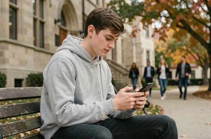 Étudiant consultant sa messagerie académique Montpellier sur smartphone en extérieur sur un campus universitaire