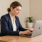 Femme accédant à sa messagerie académique Montpellier sur un ordinateur portable dans un bureau à domicile