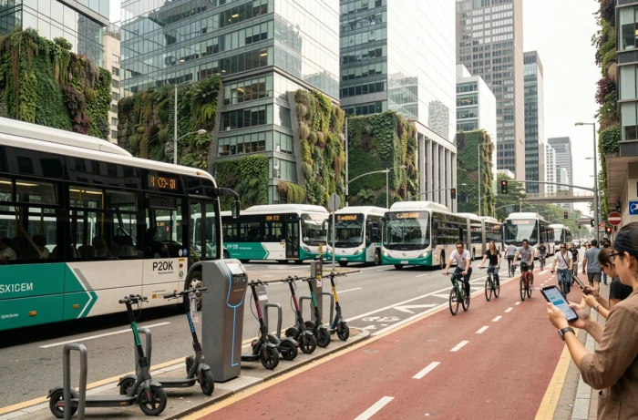 Carrefour urbain multimodal avec bus électriques, trottinettes partagées et pistes cyclables illustrant les nouvelles mobilités durables en ville