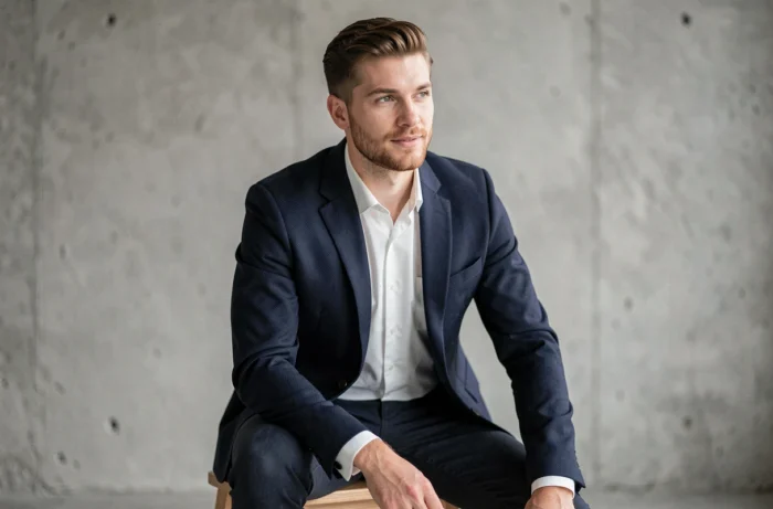 Modèle masculin en costume posant sur un tabouret lors d'un shooting photo professionnel en studio urbain
