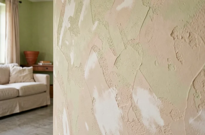 Mur en badigeon de chaux texturé dans un salon français, avec surface mate artisanale en tons sable et blanc cassé, canapé en lin visible en arrière-plan