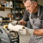 Homme en tablier retirant le filtre d'un aspirateur Karcher WD4 dans un garage, pour nettoyage et entretien