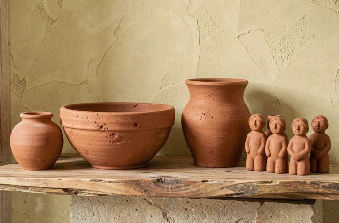 Collection d'objets décoratifs en terre cuite non émaillée sur une étagère en bois brut, surfaces poreuses mates avec variations naturelles de couleur et marques de façonnage visibles