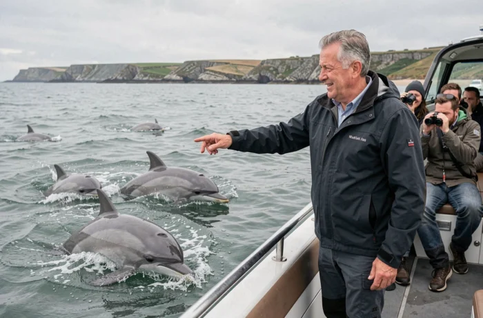 Passager d'un zodiac écotouristique observant un groupe de dauphins nageant naturellement en baie de Saint-Malo, côte émeraude en arrière-plan