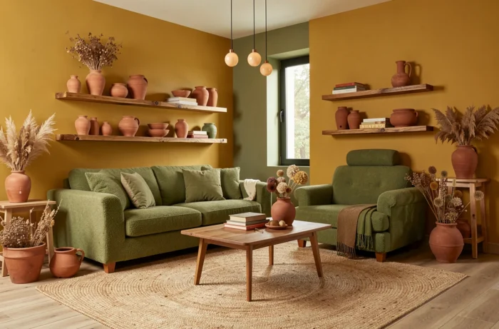 Pièce à vivre unifiée avec palette ocre et vert mousse, murs peints en ocre, canapé bouclé vert, objets en terre cuite et tapis en jute pour une harmonie chromatique complète