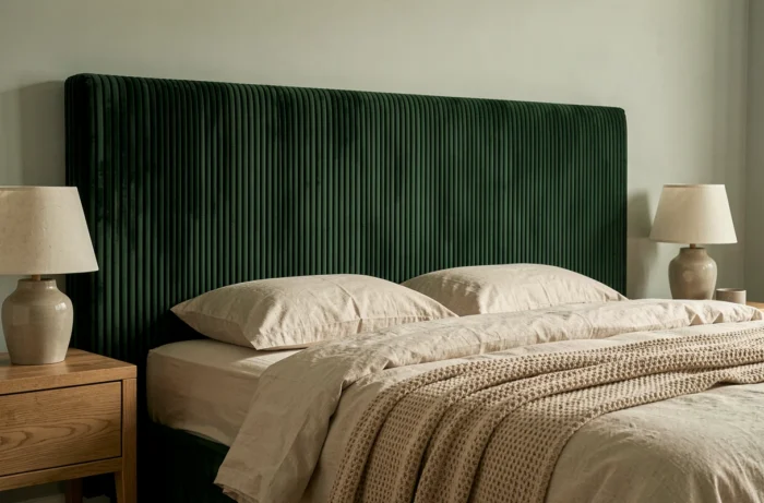 Tête de lit en panneau de velours côtelé vert forêt dans une chambre à coucher, texture des côtes velours visible, linge de lit en lin écru et lampes en céramique sur tables de nuit en chêne