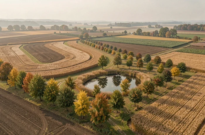 Paysage agricole durable vu en légère plongée, montrant des rangées agroforestières, des cultures céréalières en courbes de niveau et une mare naturelle entourée de végétation indigène