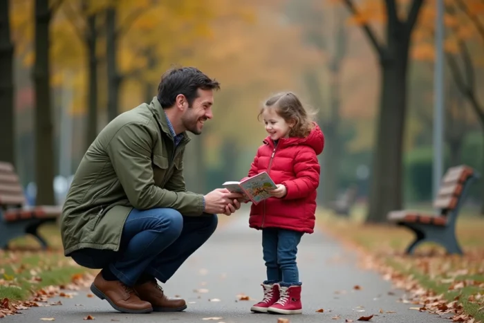 Un père encourageant sa fille dans un parc en automne, symbolisant l'importance du soutien émotionnel parental