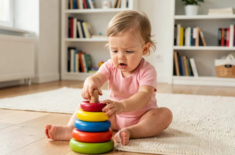 Petite fille de 1 an assise sur un parquet en bois jouant avec des anneaux d'éveil colorés en bois