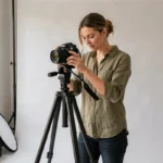 Photographe professionnelle en studio ajustant les réglages de son appareil photo sur trépied pour un shooting professionnel