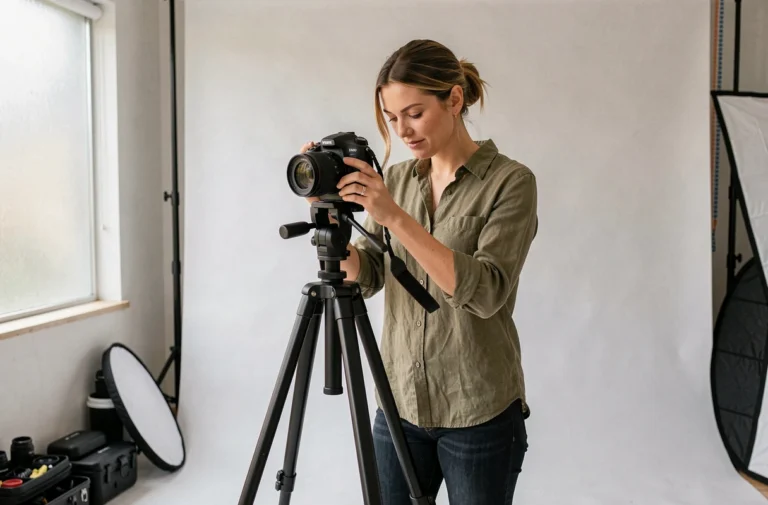 Photographe professionnelle en studio ajustant les réglages de son appareil photo sur trépied pour un shooting professionnel
