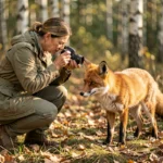 Photographe animalière observant un renard roux dans une clairière forestière, guide complet sur les animaux sauvages