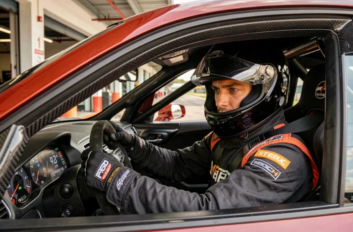 Pilote de course concentré dans le cockpit d'une voiture de circuit haute performance en pit lane