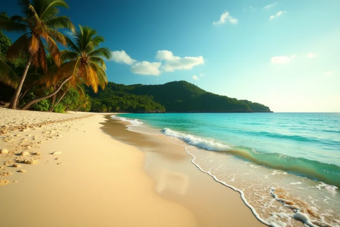 Plage déserte en Guadeloupe en fin d'après-midi vue depuis le bord de l'eau avec palmiers et eau turquoise profonde