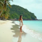Femme seule au bord d'une plage paradisiaque de Guadeloupe tôt le matin, sable blanc et eau turquoise