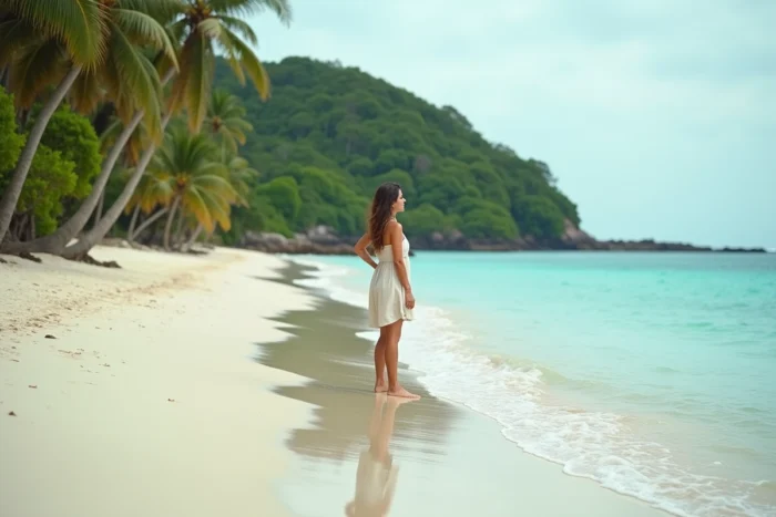 Femme seule au bord d'une plage paradisiaque de Guadeloupe tôt le matin, sable blanc et eau turquoise