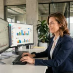 Professionnelle analysant des tableaux de bord numériques sur deux écrans dans un bureau moderne pour améliorer la visibilité en ligne de son entreprise
